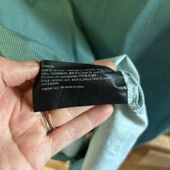 Men's Theory Small Zack Button Up Green White Dots Button Collar Short Sleeve - Picture 9 of 11